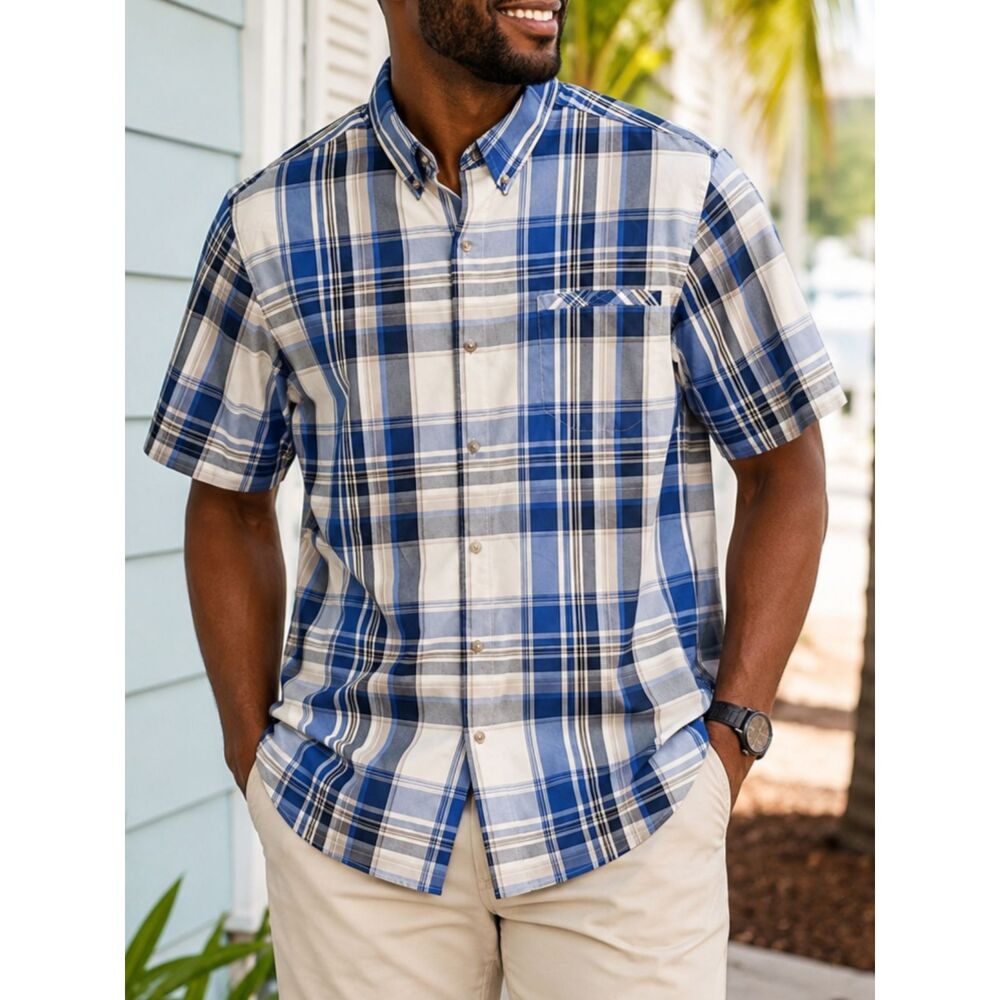 Chaps Blue Plaid Button Down Shirt XL Short Sleeve Pocket Casual Lightweight